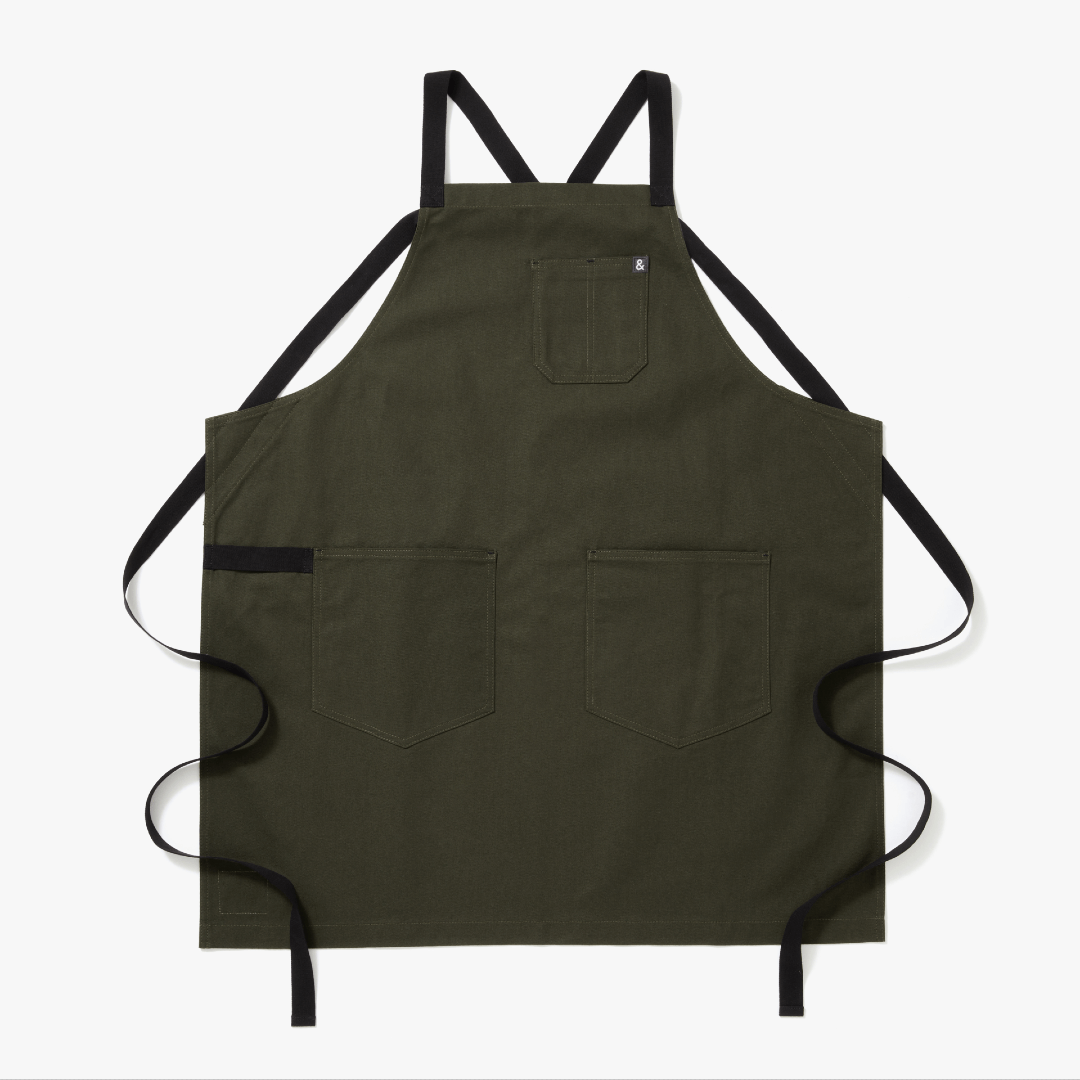 The All Day Crossback Apron - Olive Green Black Straps - Hedley